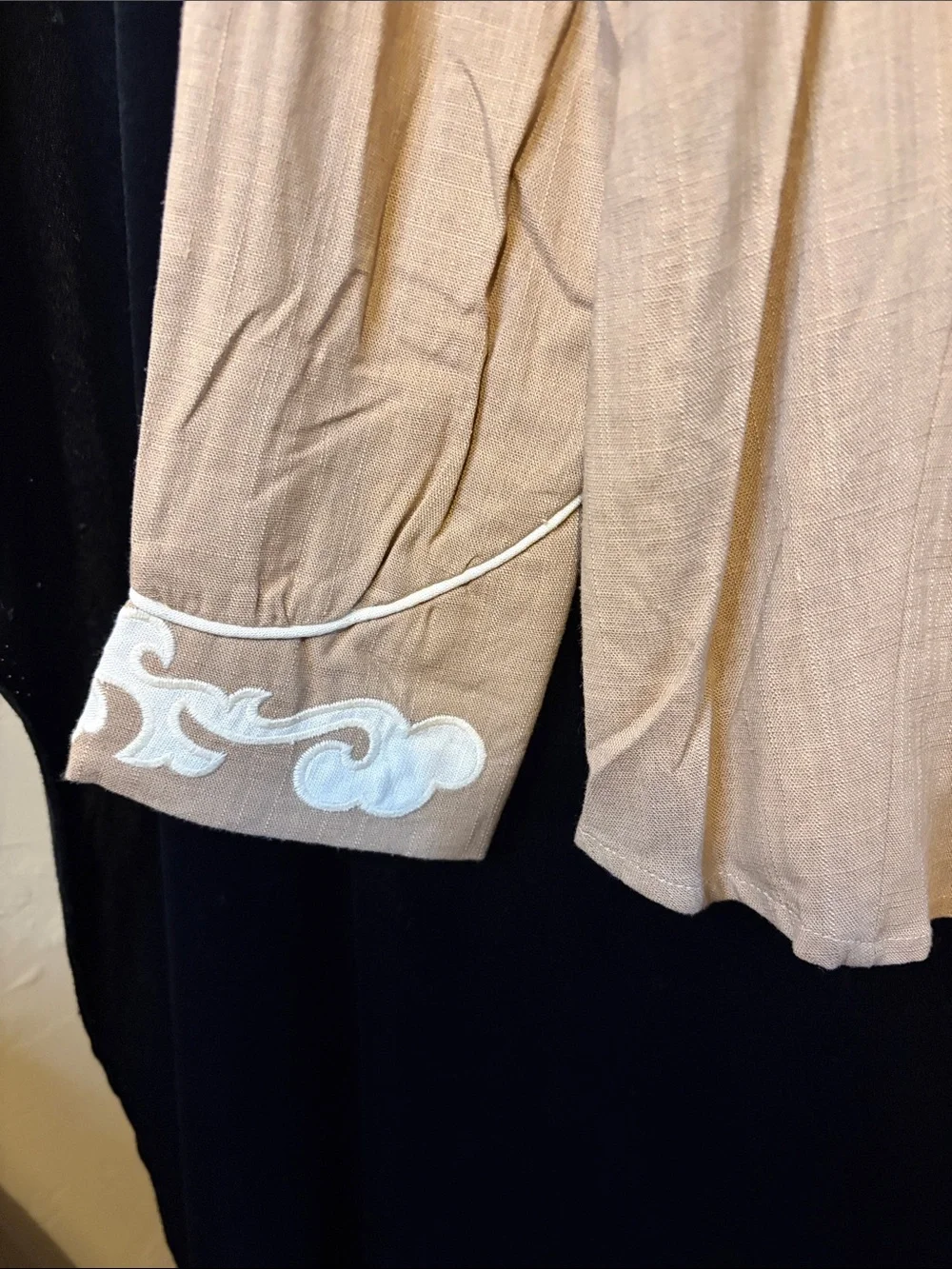 Lucky & Blessed Tan Top with White Swirl Embroidery. 19 p2p - Picture 3 of 6